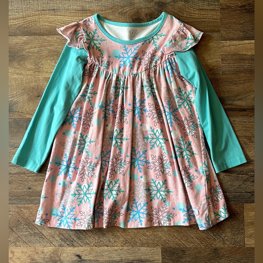 Merce & Me Pink and Teal Long Sleeve Winter Snowflake Casual Dress